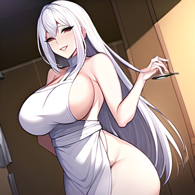 apron shower nude topless busty futanari woman jumpsuit white hair