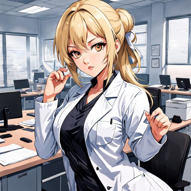 blonde coat martial lab office arts hentai