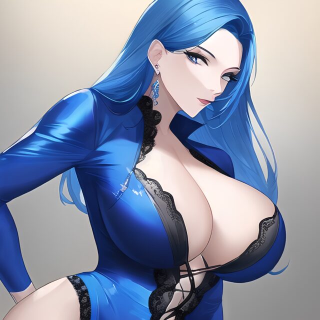 blue hair small boobs cleavage woman front view nude