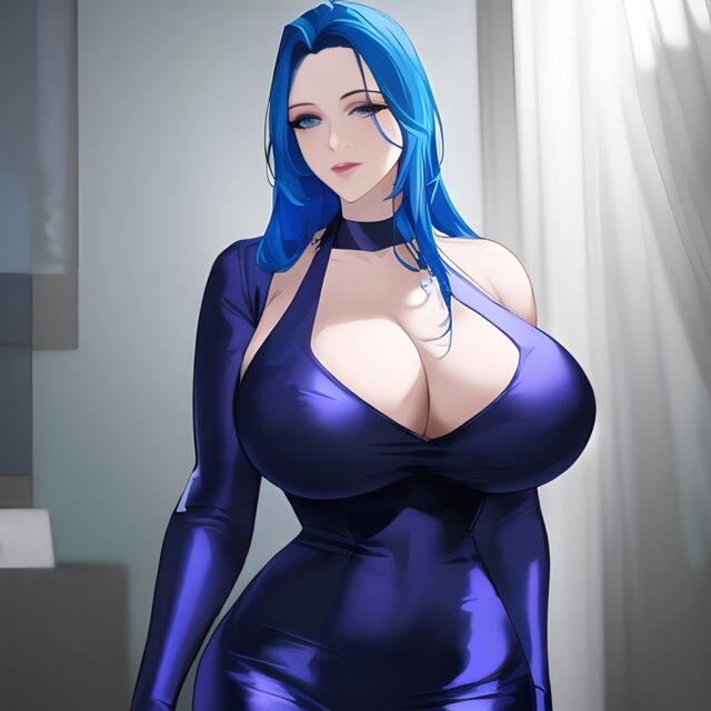 blue hair small boobs front view woman cleavage nude