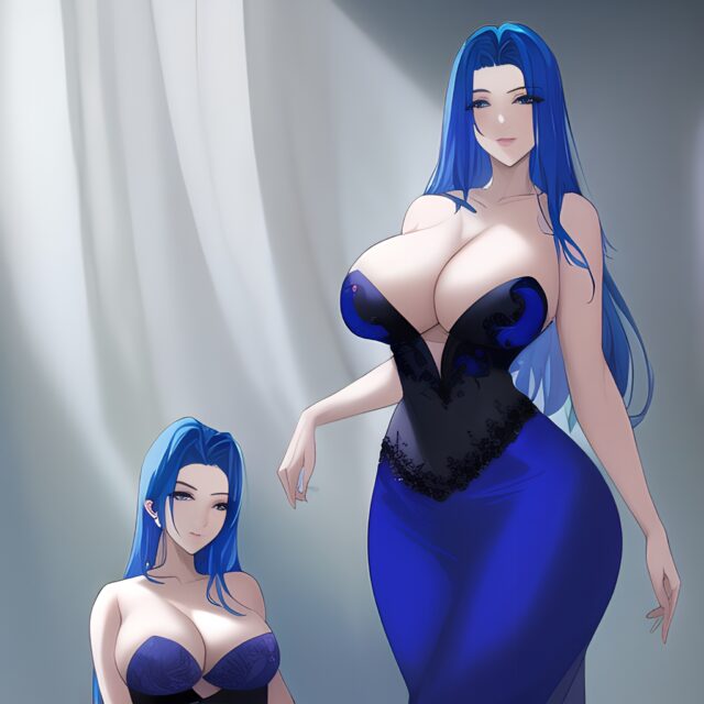 blue hair woman nude front view small boobs cleavage