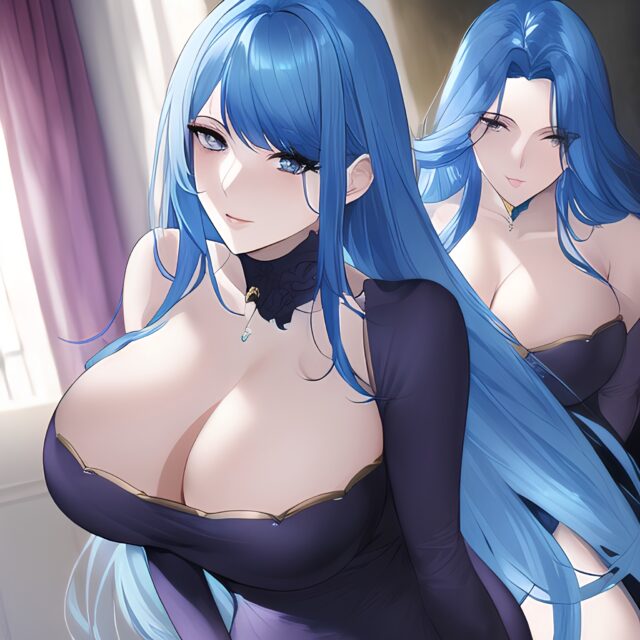 cleavage blue hair small boobs woman front view nude