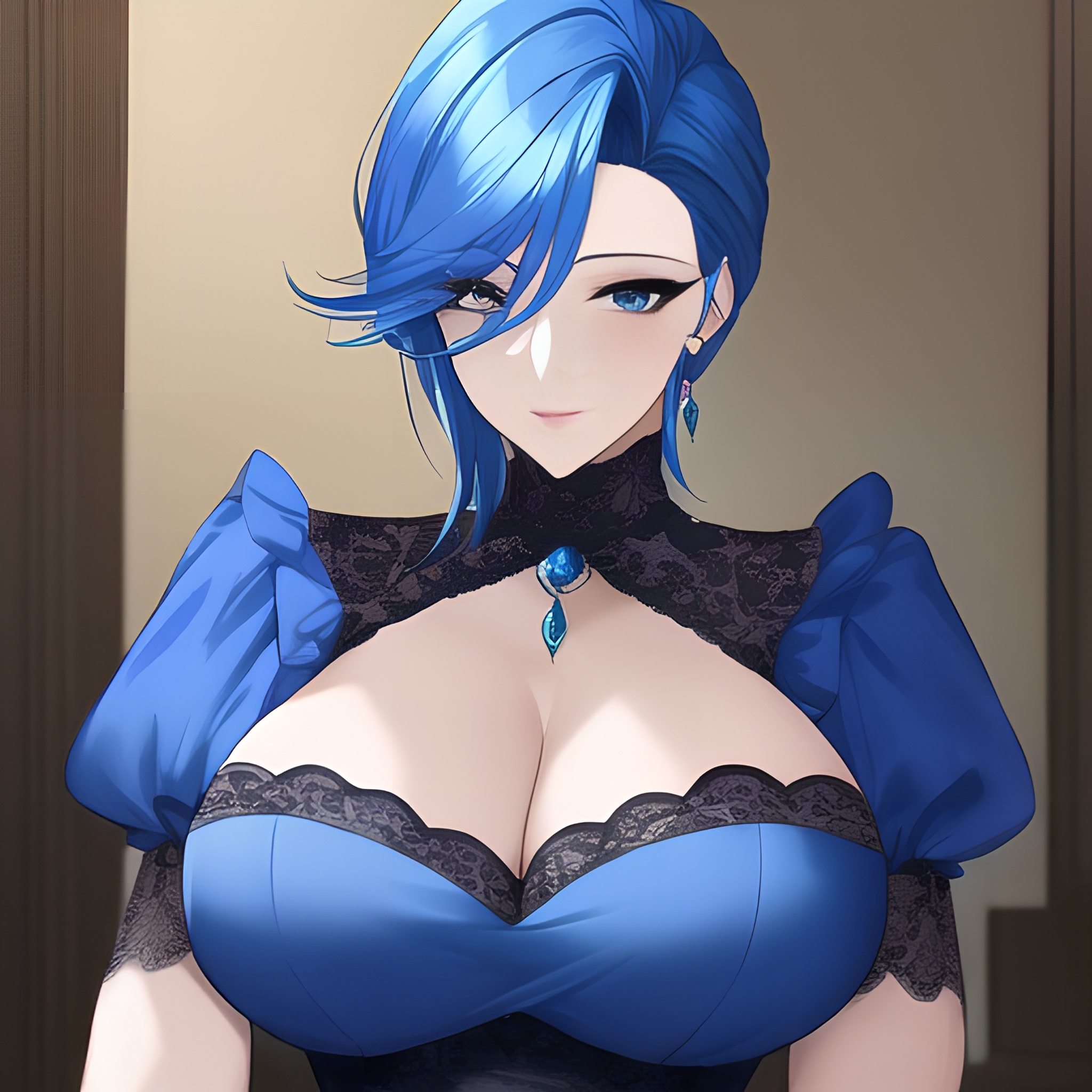 cleavage blue hair woman front view nude small boobs 