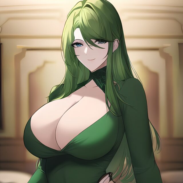 cleavage green hair front view nude small boobs woman