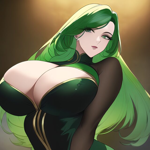 cleavage nude front view woman green hair small boobs