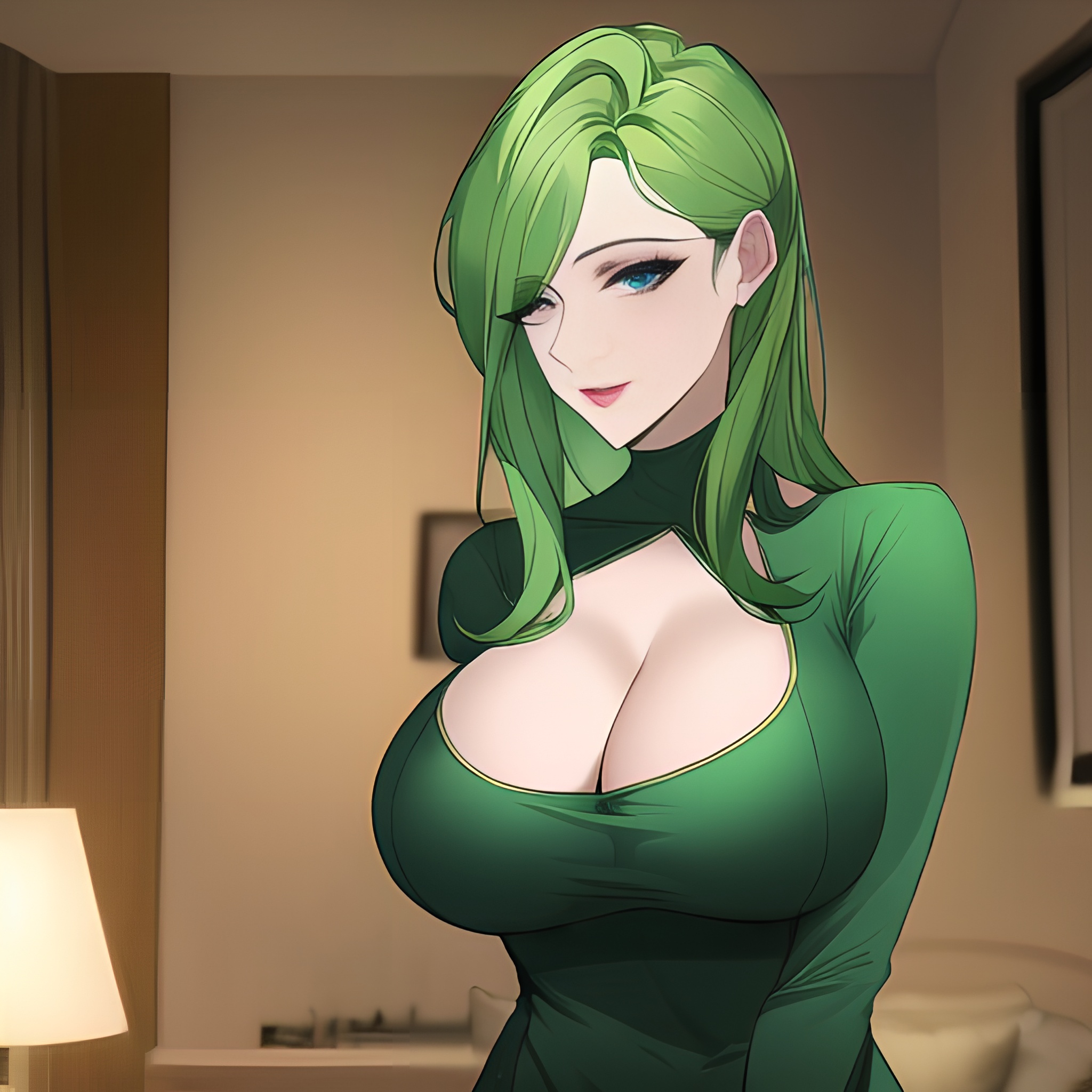 cleavage nude small boobs green hair front view woman 