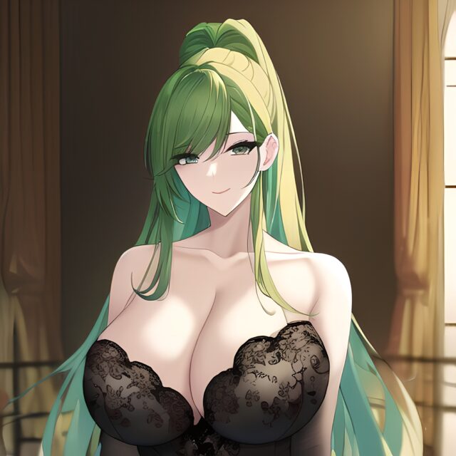 cleavage nude small boobs green hair woman front view