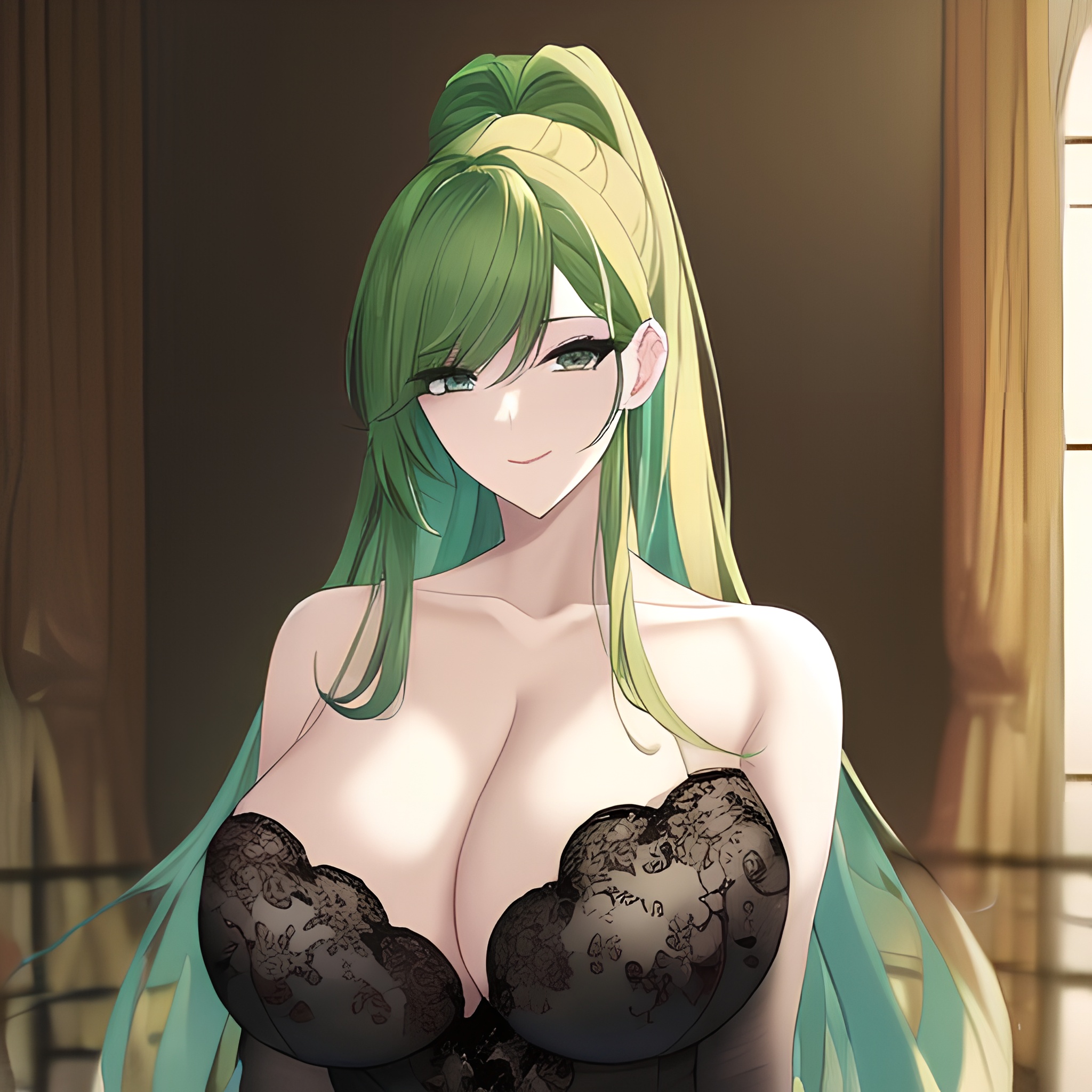 cleavage nude small boobs green hair woman front view 