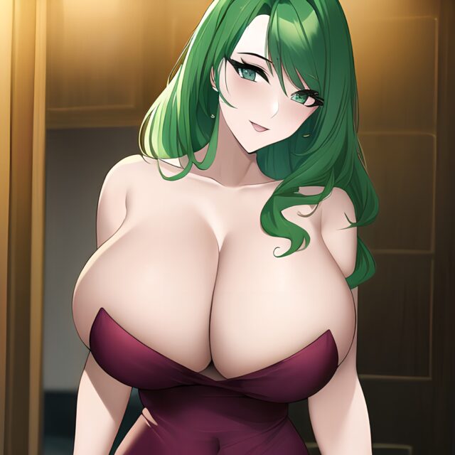 cleavage nude woman front view small boobs green hair