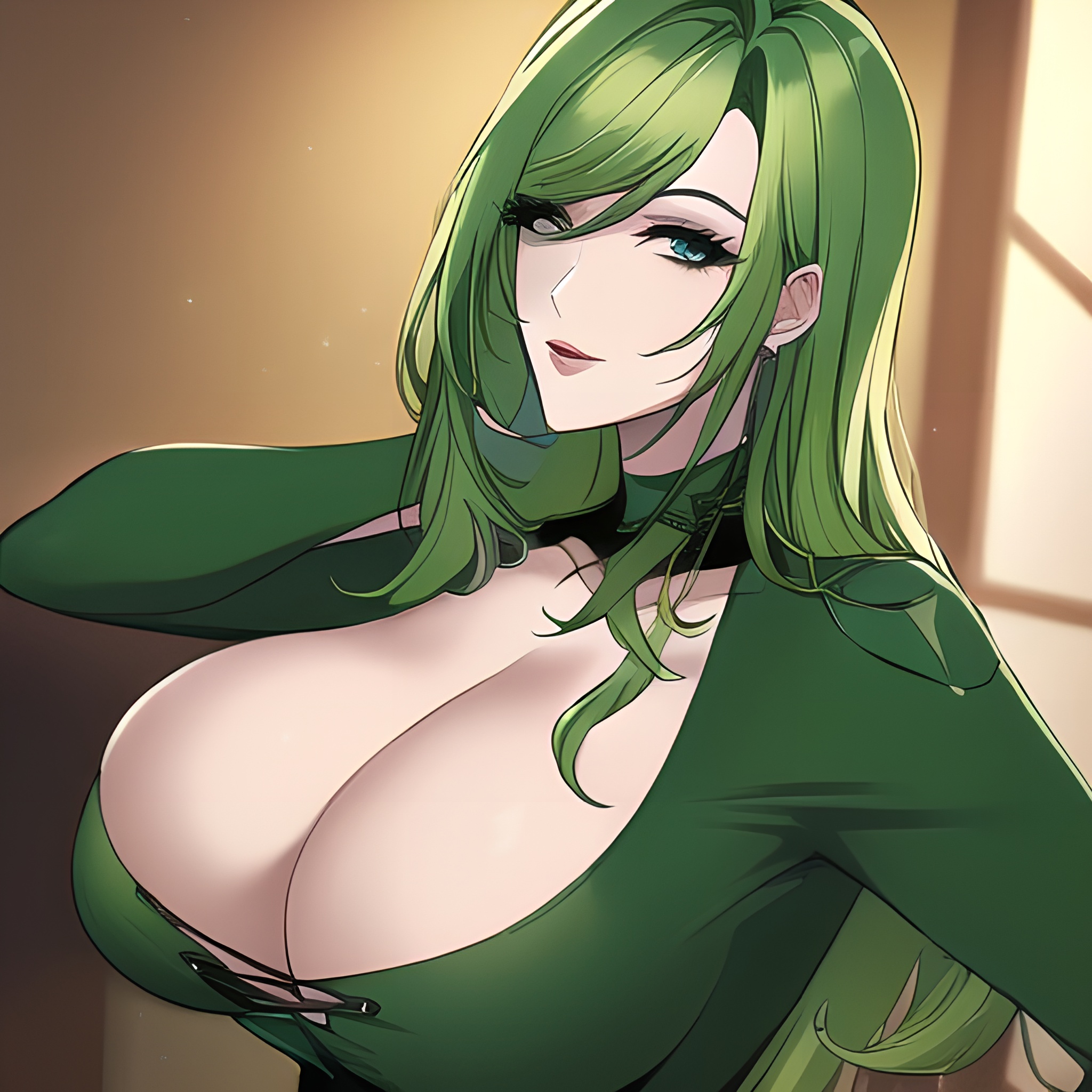 cleavage small boobs front view green hair nude woman 