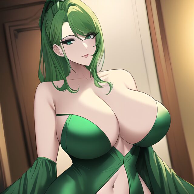 cleavage small boobs front view nude green hair woman