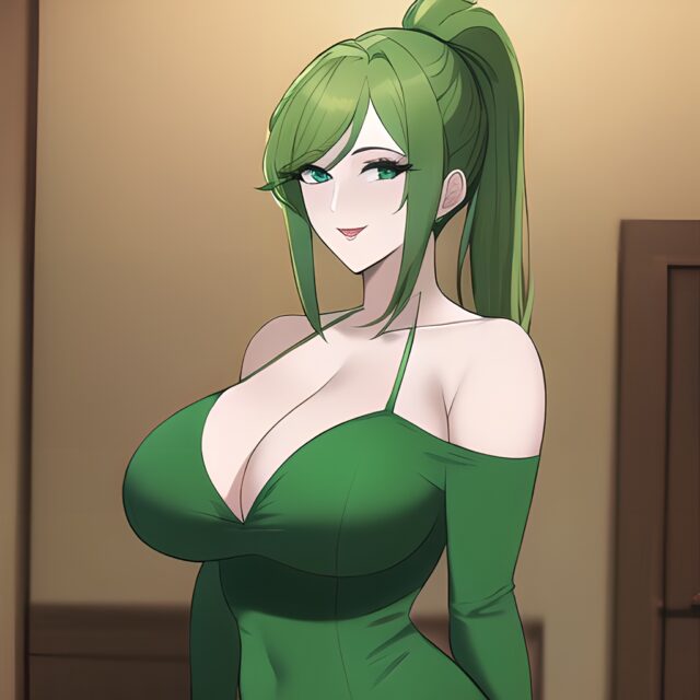 cleavage small boobs green hair nude front view woman