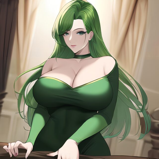 cleavage small boobs woman nude front view green hair