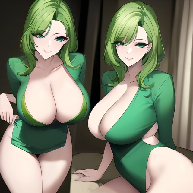 cleavage woman small boobs green hair front view nude