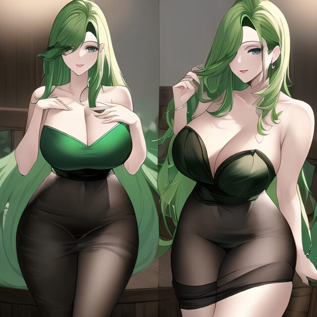 cleavage woman small boobs nude front view green hair