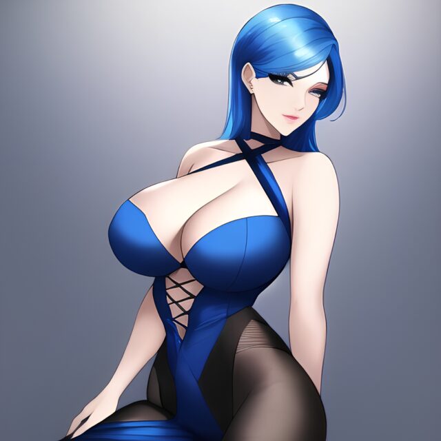 front view blue hair small boobs woman nude cleavage