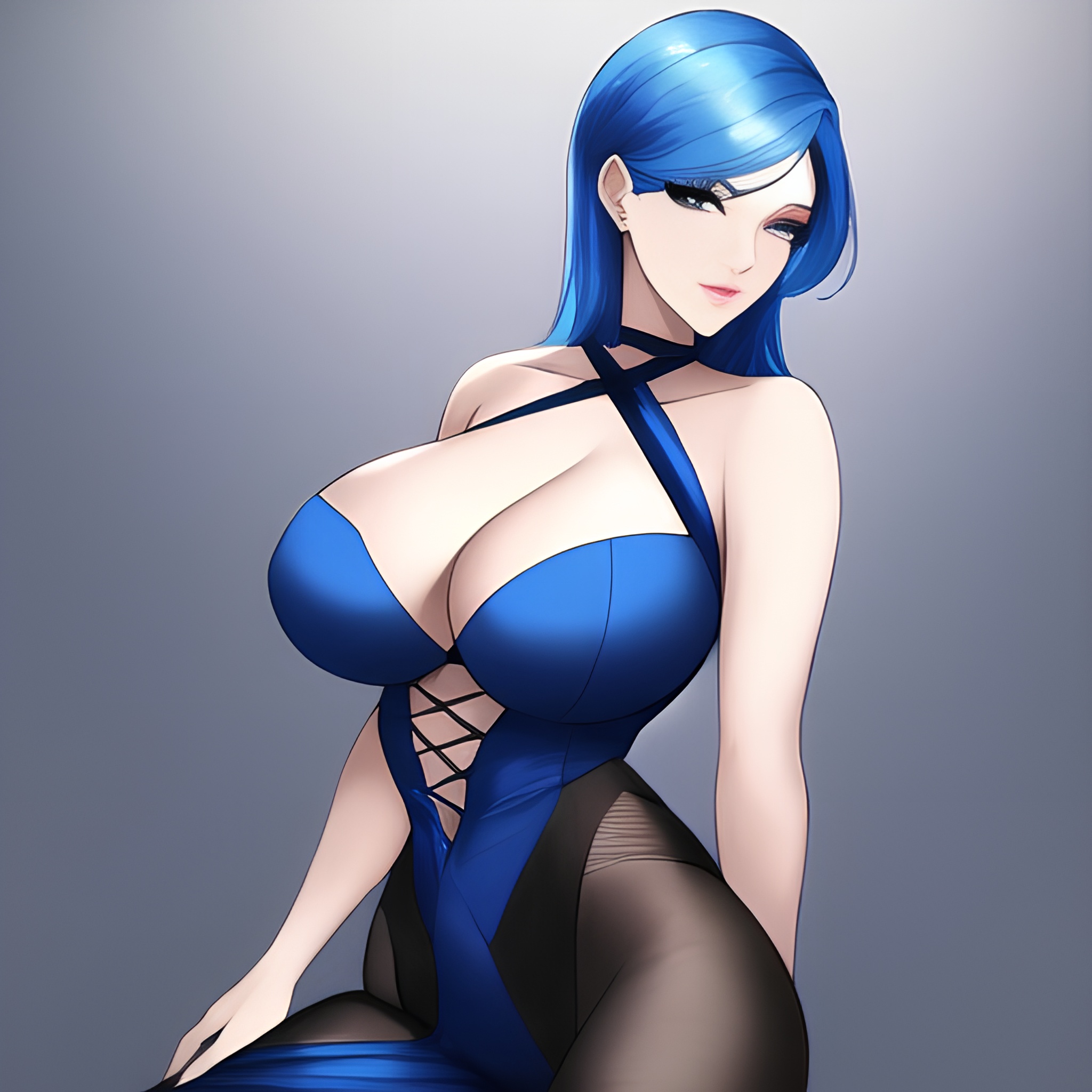 front view blue hair small boobs woman nude cleavage 