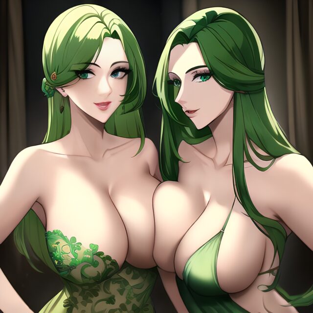 front view cleavage green hair small boobs nude woman