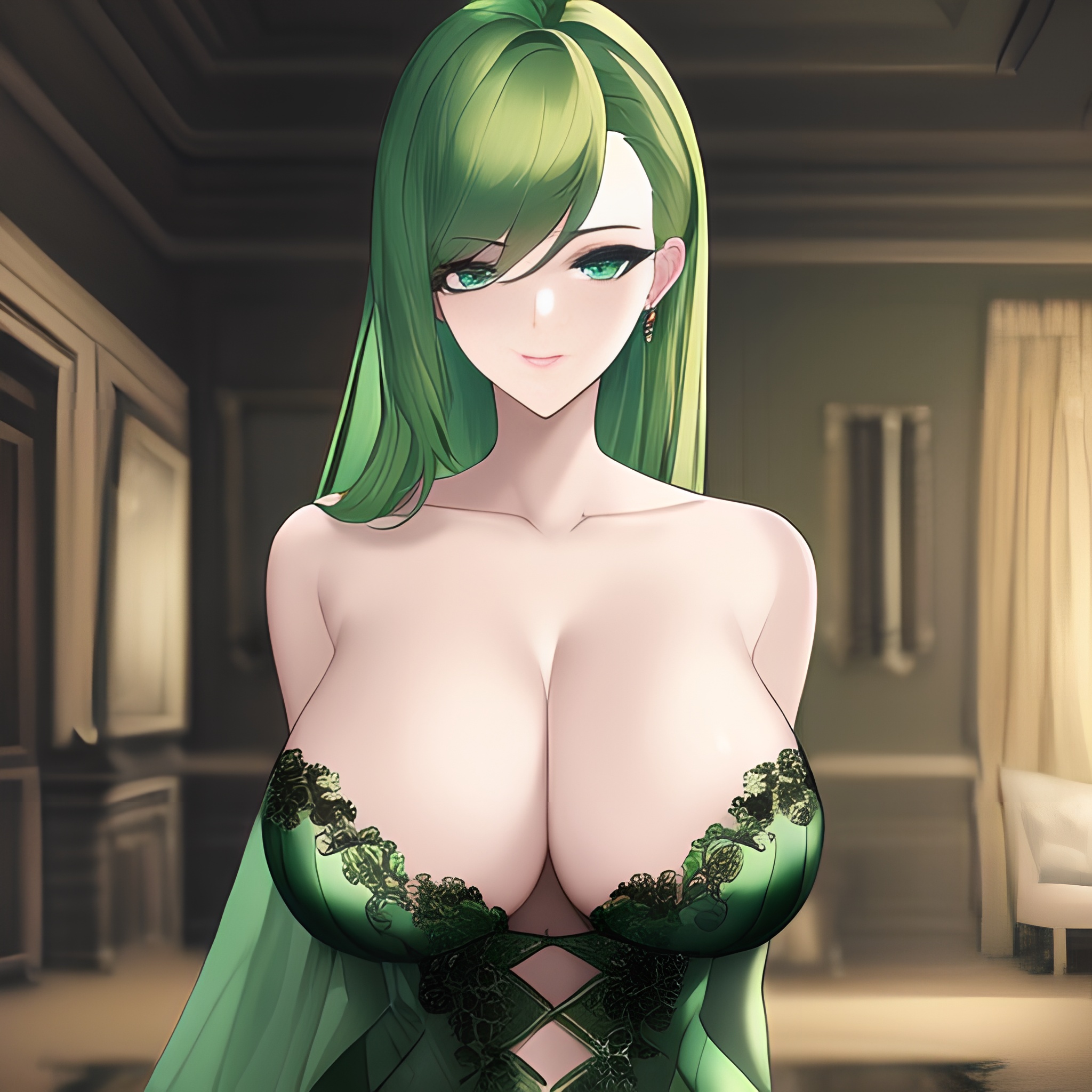 front view cleavage green hair woman nude small boobs 