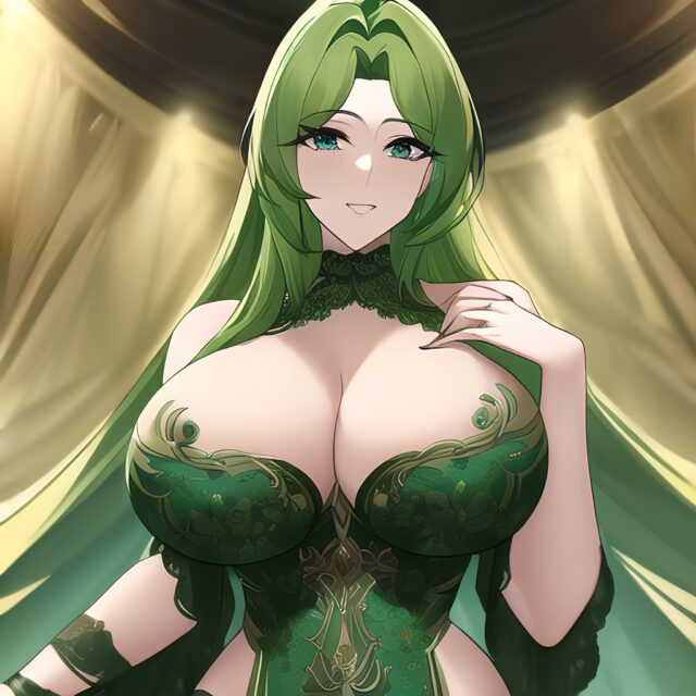 front view cleavage nude green hair woman small boobs