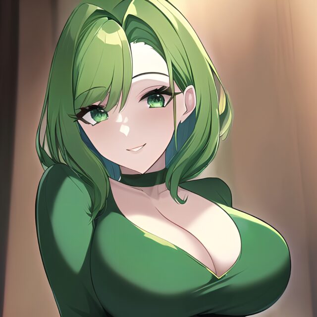 front view green hair small boobs woman cleavage nude