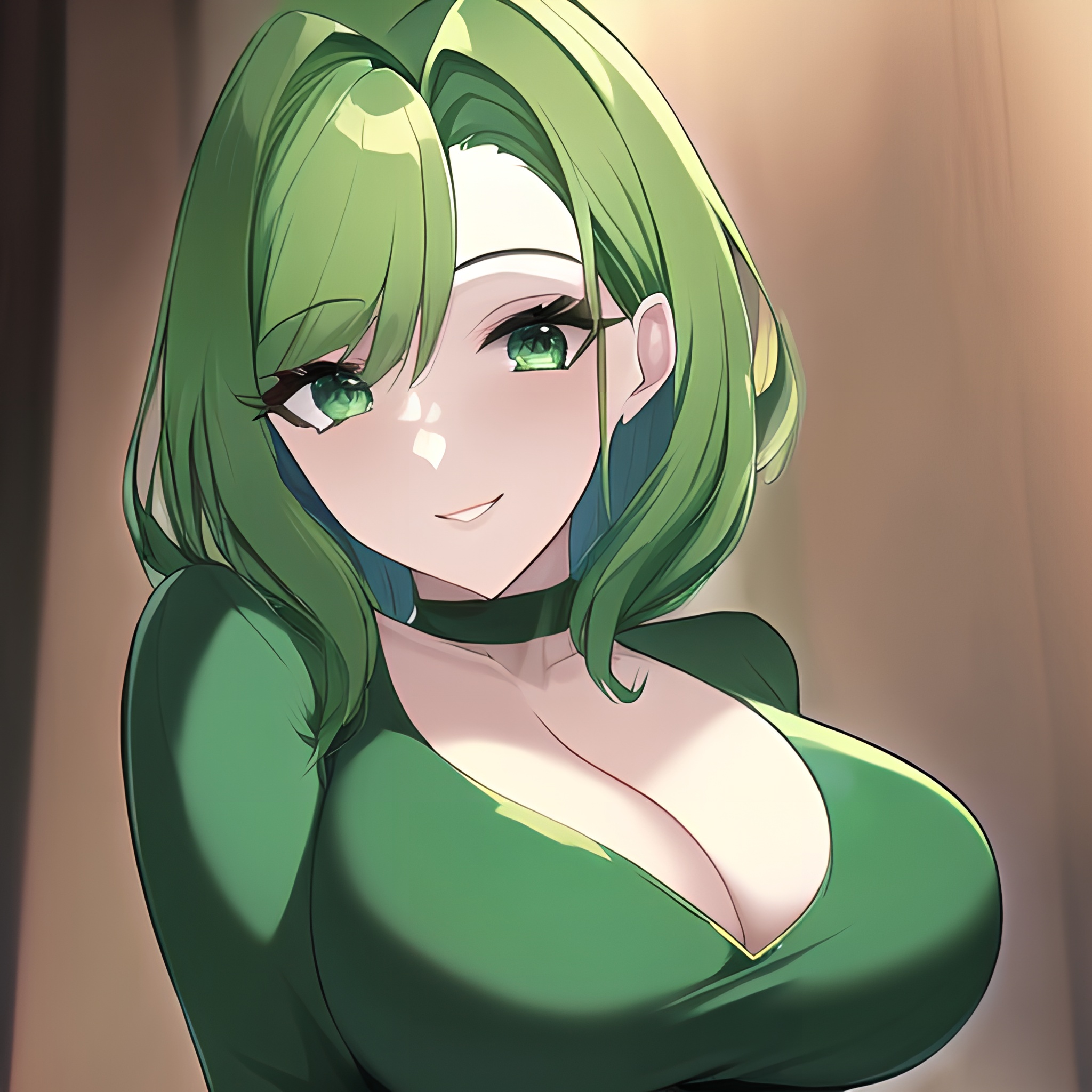 front view green hair small boobs woman cleavage nude 