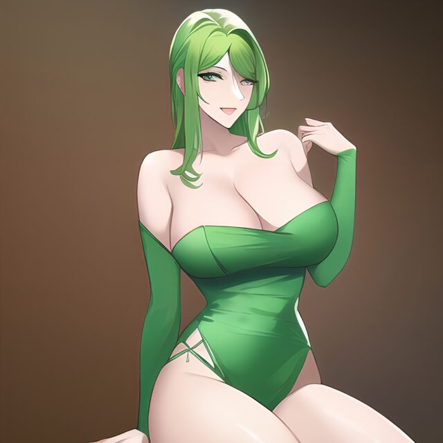 front view green hair woman cleavage nude small boobs