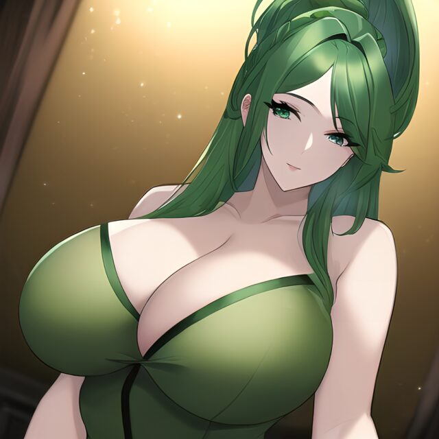 front view nude cleavage green hair woman small boobs