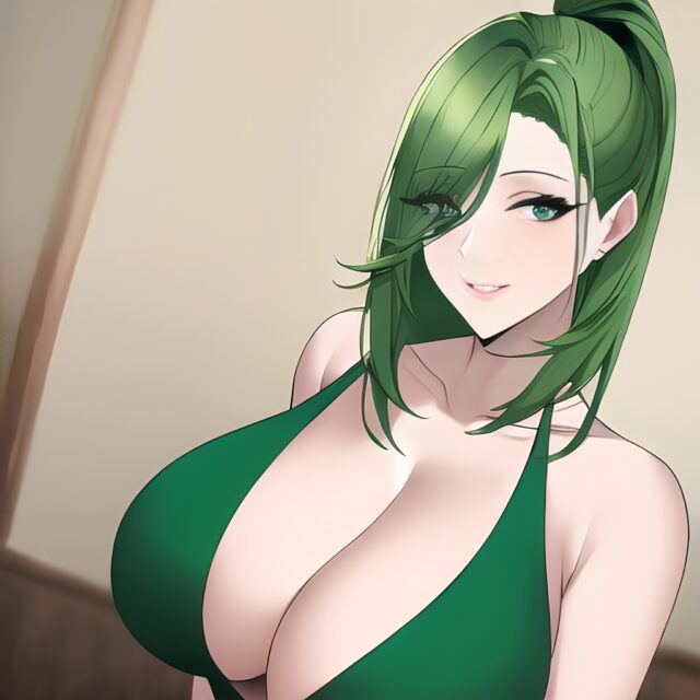 front view nude green hair cleavage woman small boobs