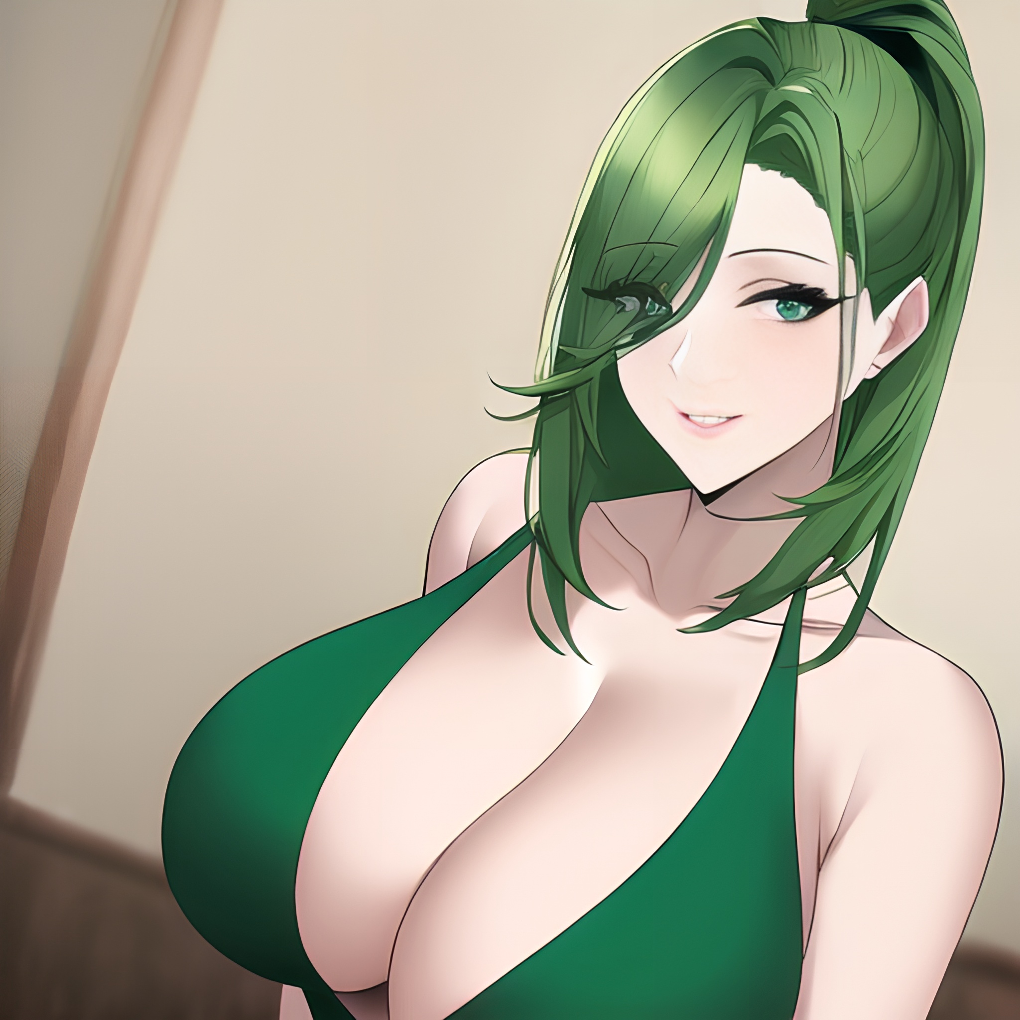 front view nude green hair cleavage woman small boobs 