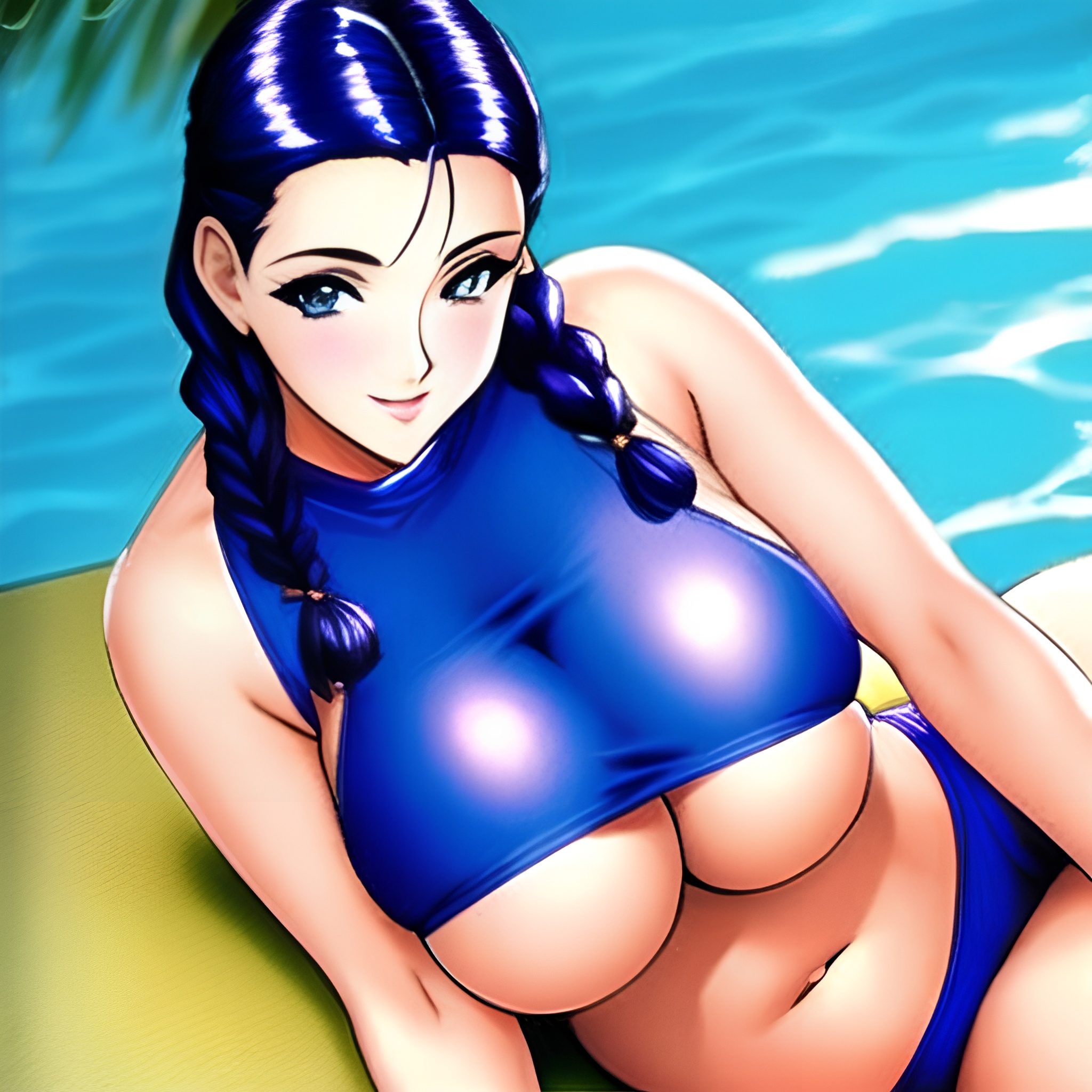 front view pool 80s pubic hair nude braided blue hair detailed huge boobs woman 