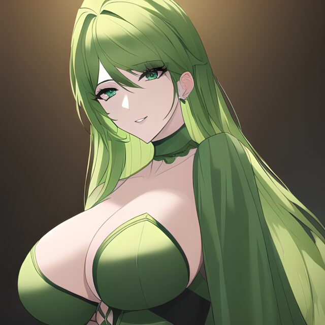 front view small boobs woman green hair cleavage nude