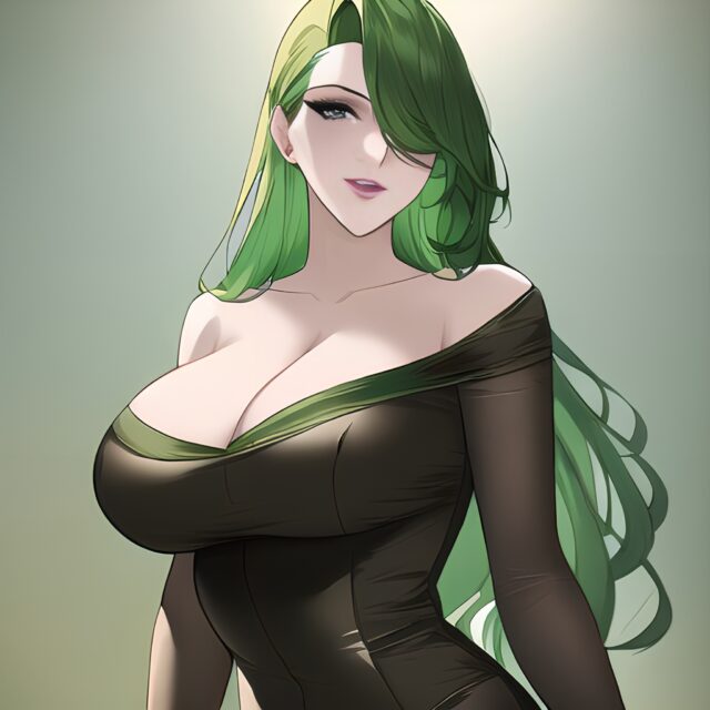 front view woman green hair nude cleavage small boobs