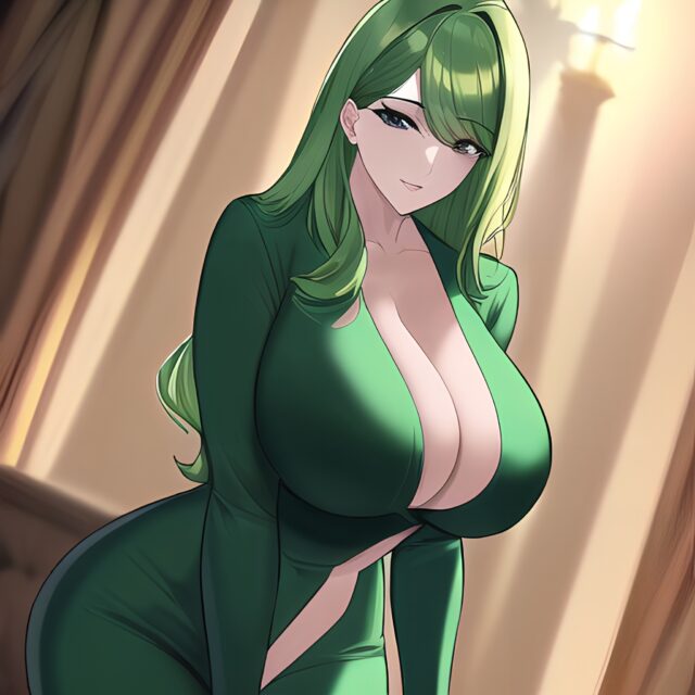 front view woman green hair nude small boobs cleavage