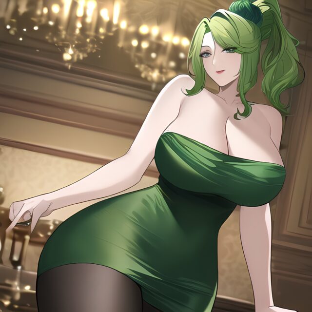 green hair cleavage front view nude woman small boobs