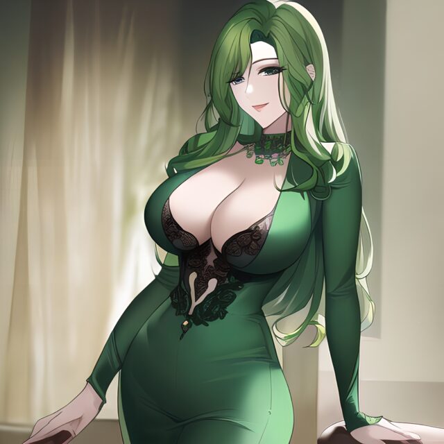 green hair cleavage nude small boobs woman front view