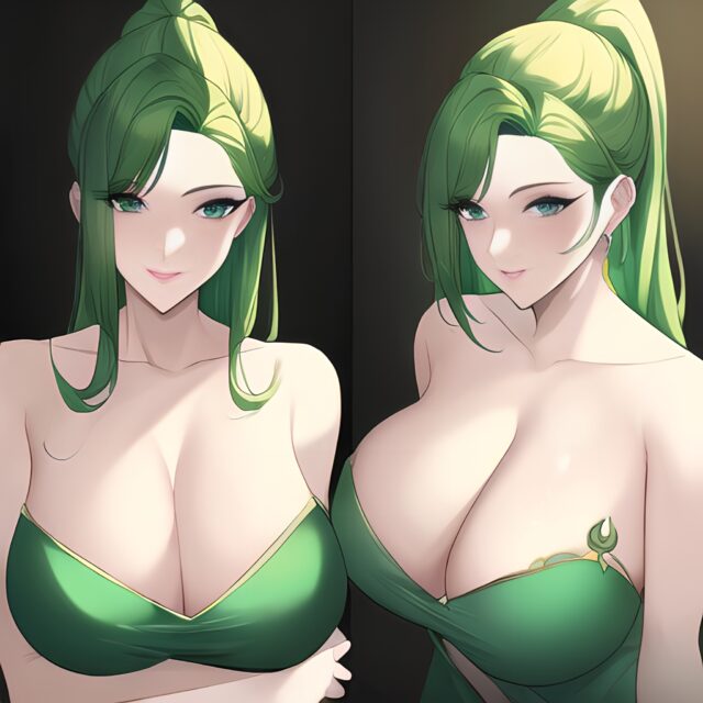 green hair cleavage small boobs front view nude woman