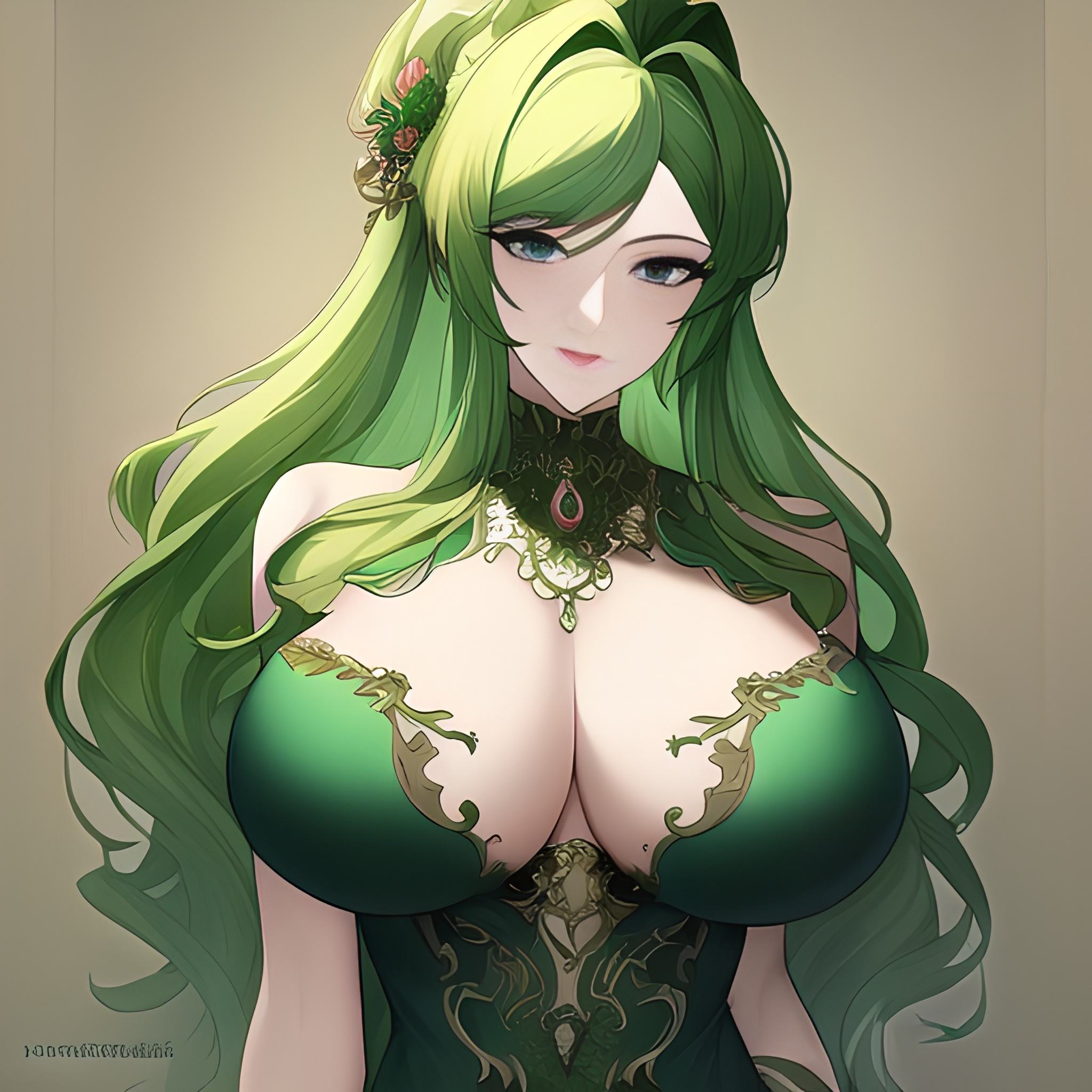 green hair cleavage small boobs nude woman front view 