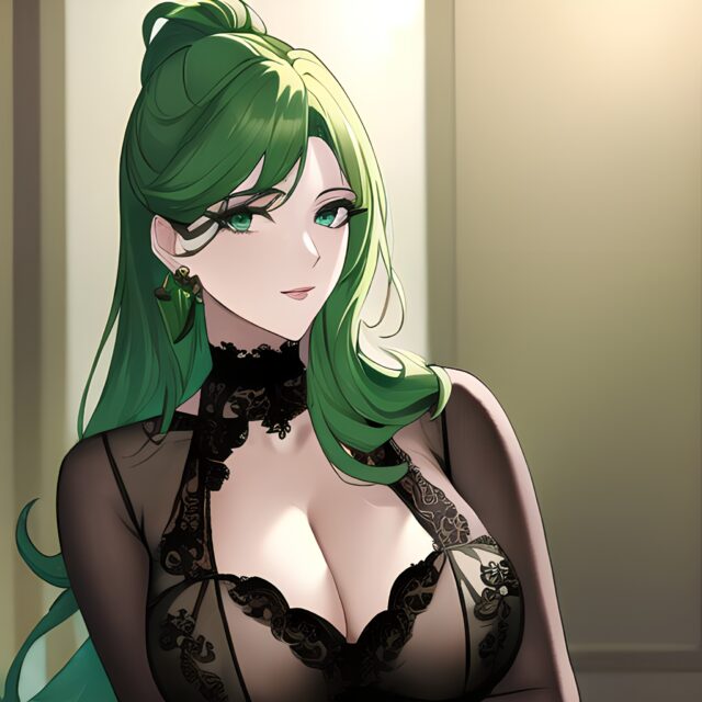 green hair front view cleavage small boobs nude woman