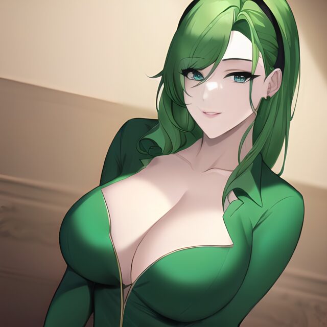 green hair front view nude cleavage woman small boobs