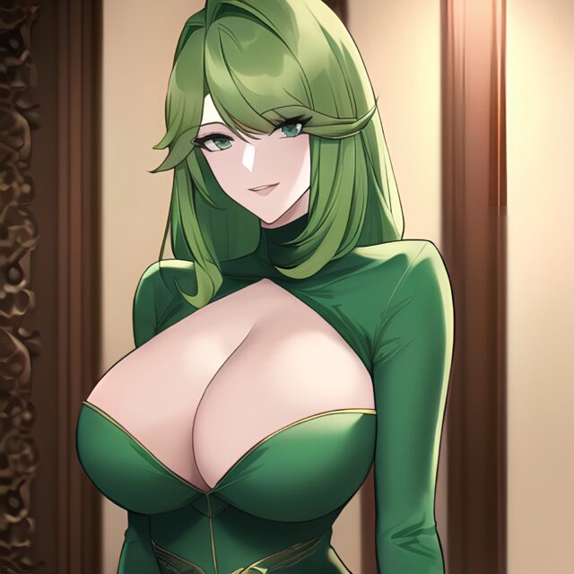 green hair front view nude woman cleavage small boobs