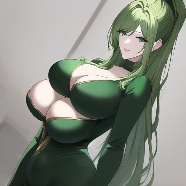 green hair front view small boobs cleavage woman nude