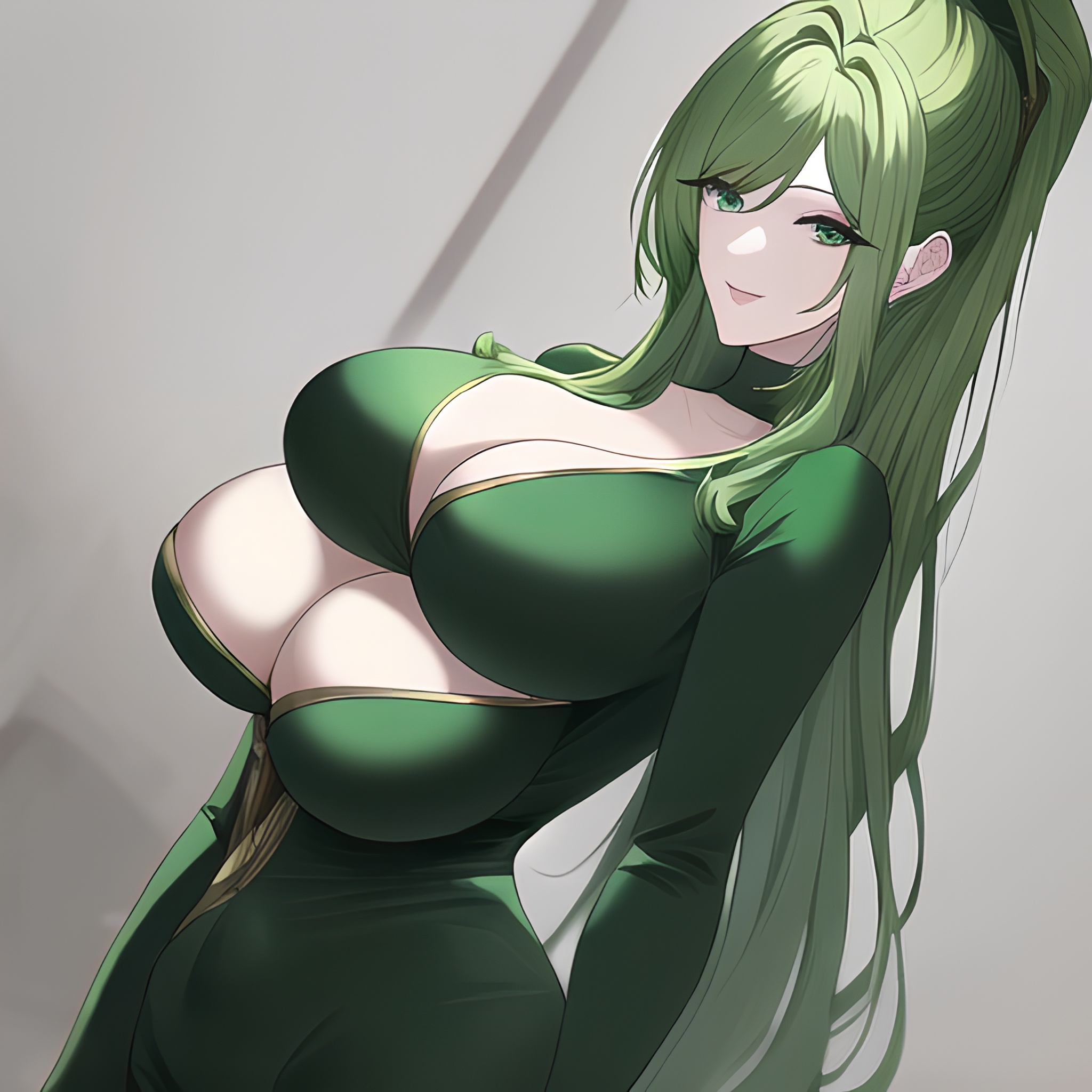 green hair front view small boobs cleavage woman nude 