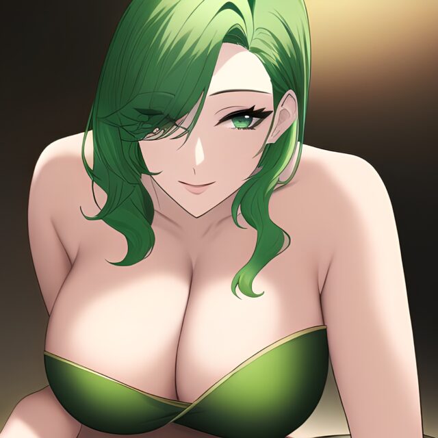 green hair nude small boobs front view woman cleavage