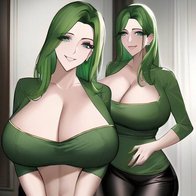 green hair nude woman cleavage front view small boobs