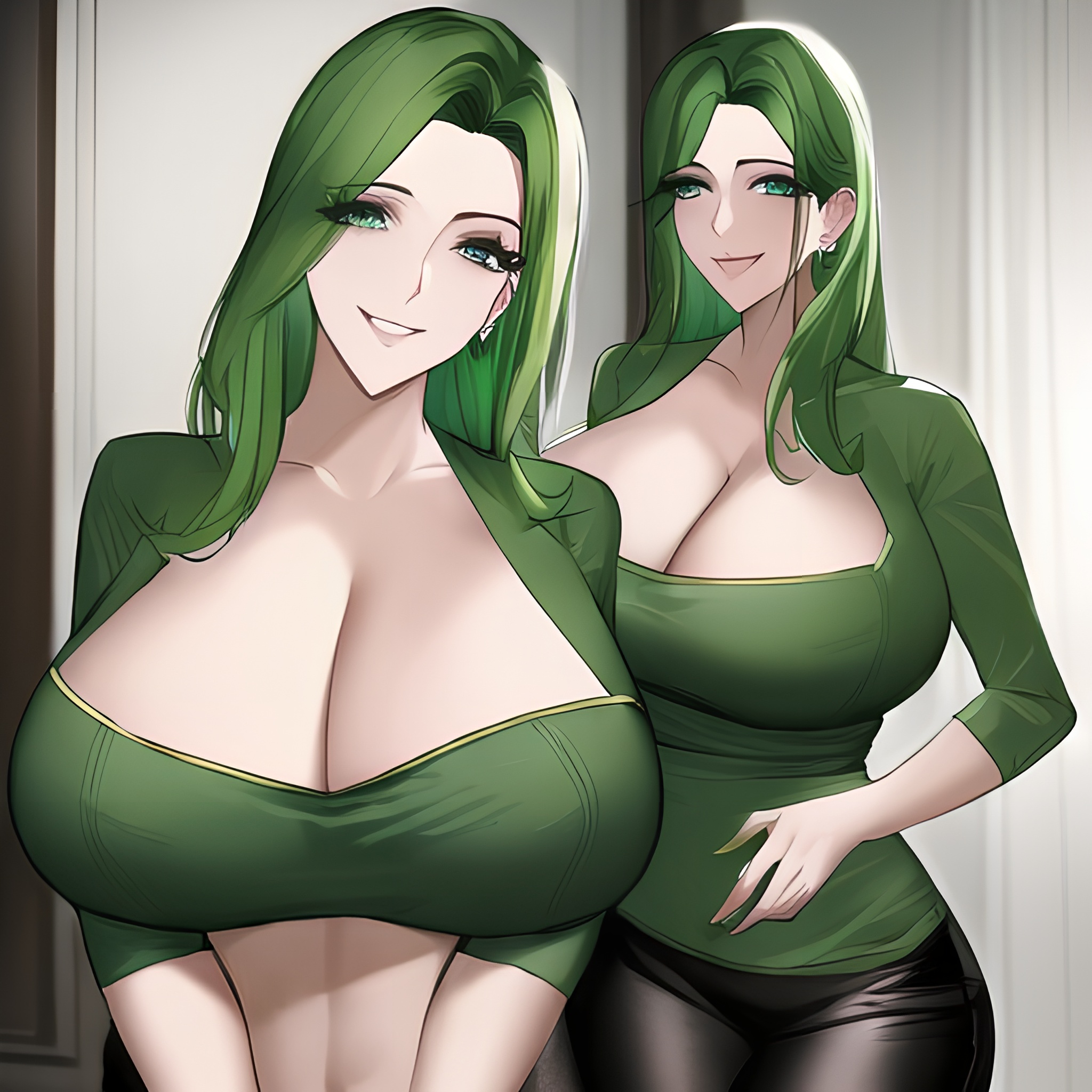 green hair nude woman cleavage front view small boobs 