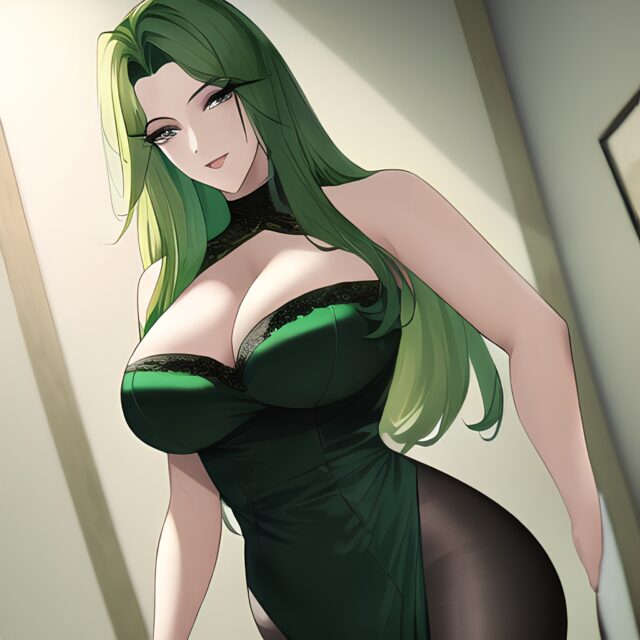 green hair small boobs cleavage woman front view nude