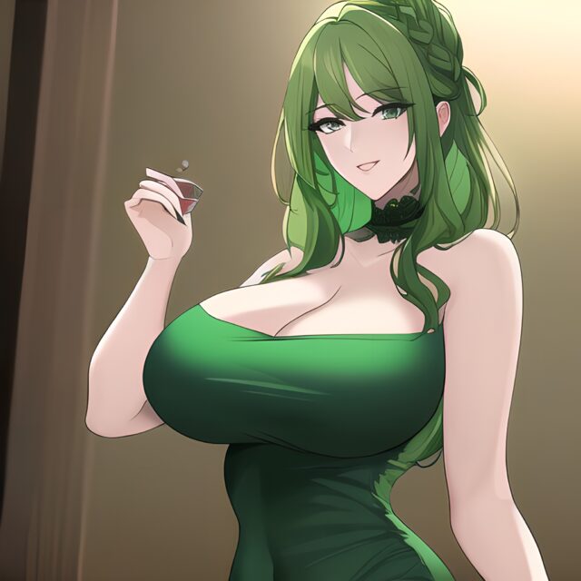 green hair small boobs nude front view cleavage woman