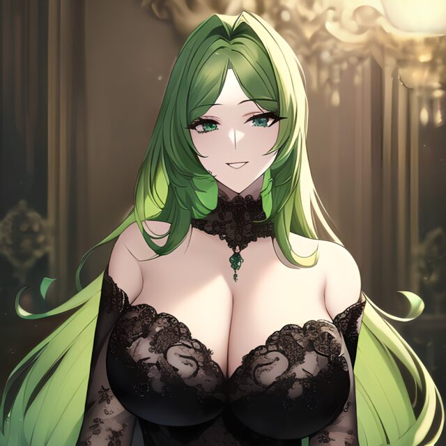 green hair small boobs nude woman front view cleavage