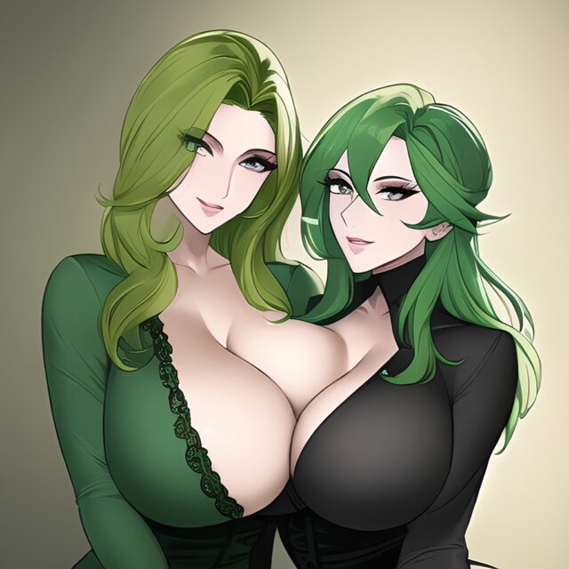 green hair small boobs woman cleavage nude front view